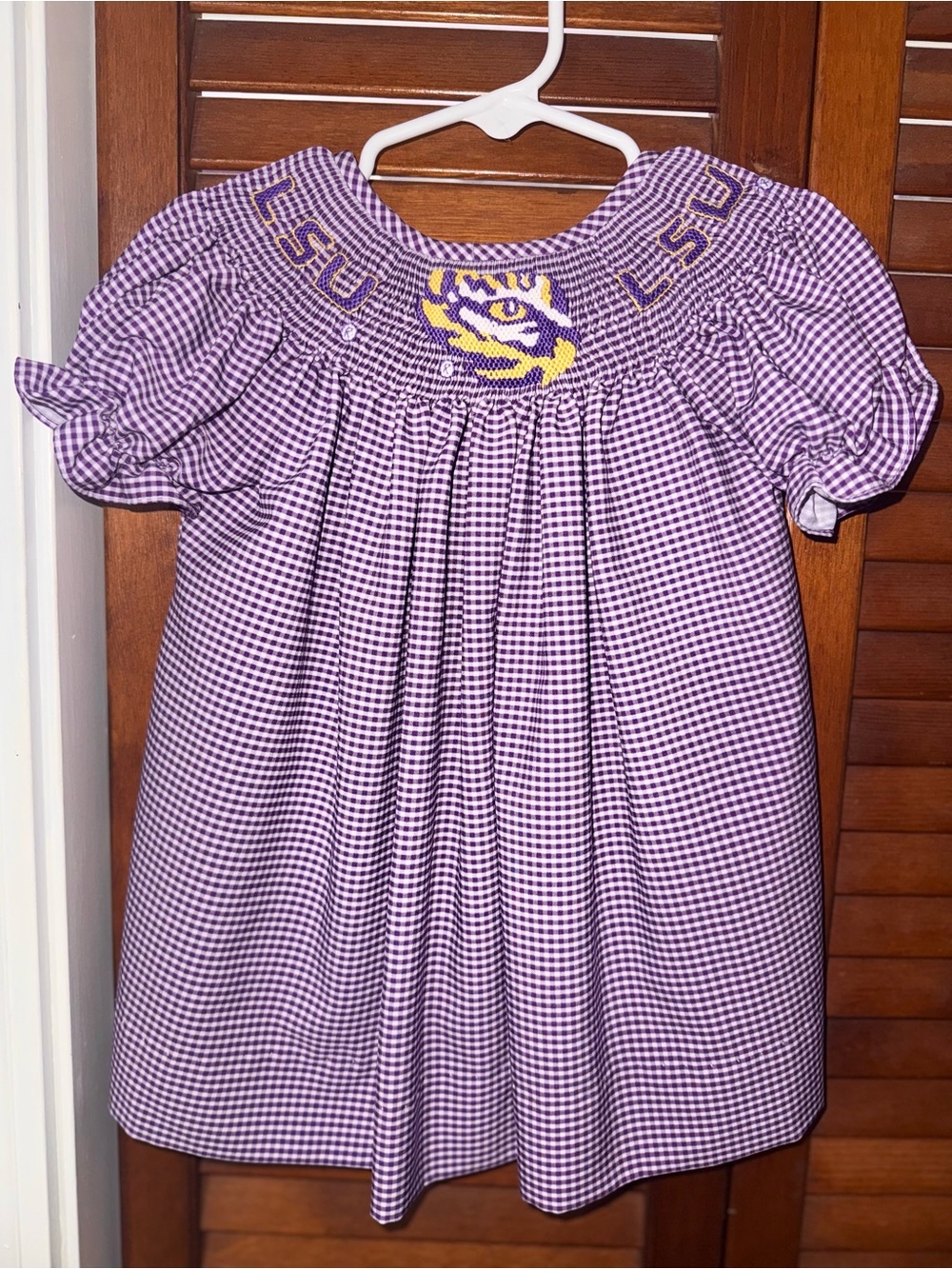 LSU Purple Gingham Smocked Baby Dress